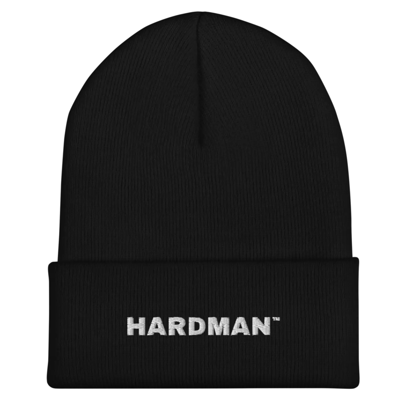 A black cuffed knit beanie with HARDMAN embroidered across the cuff in white.