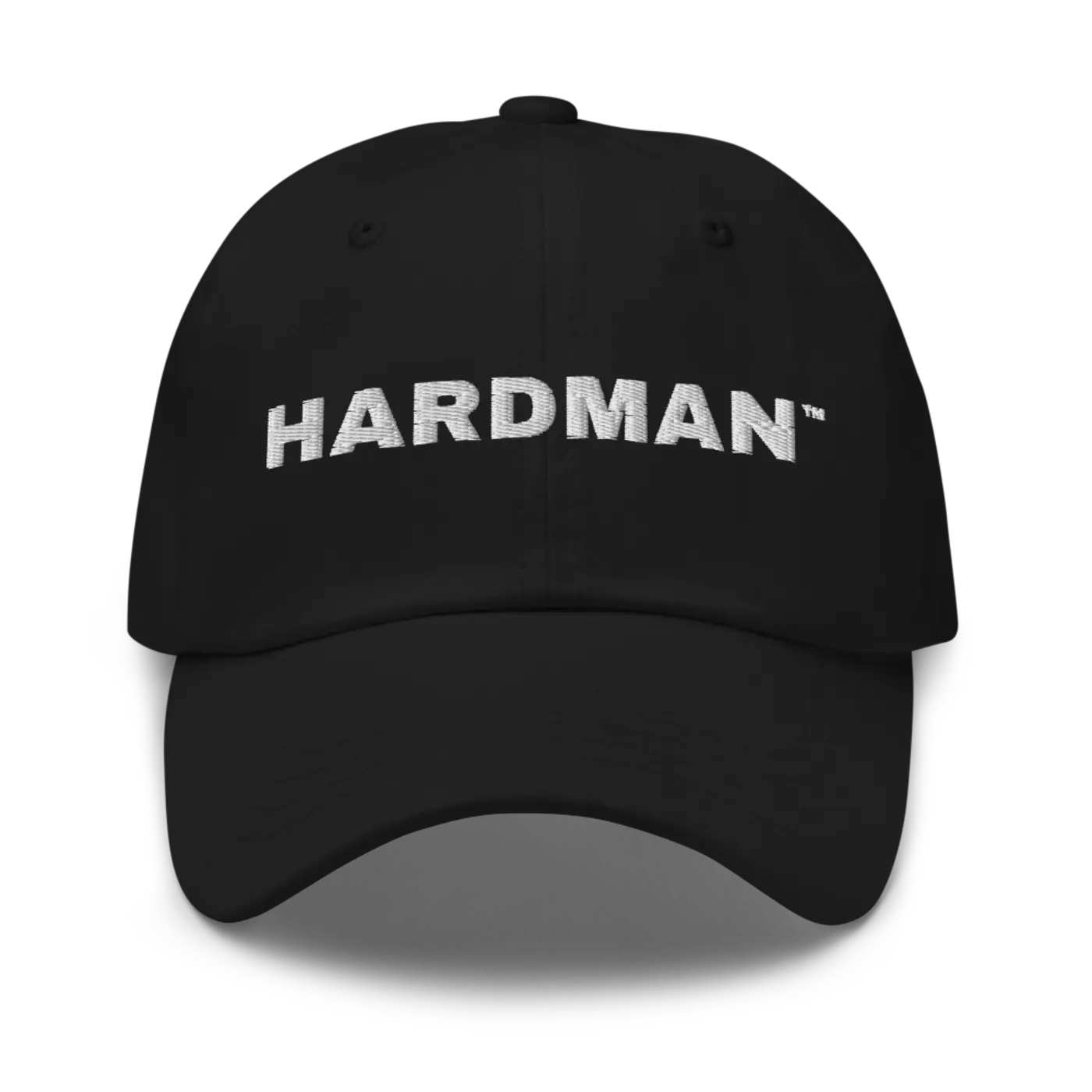 A black unstructured dad cap with HARDMAN embroidered across the front panel in white.