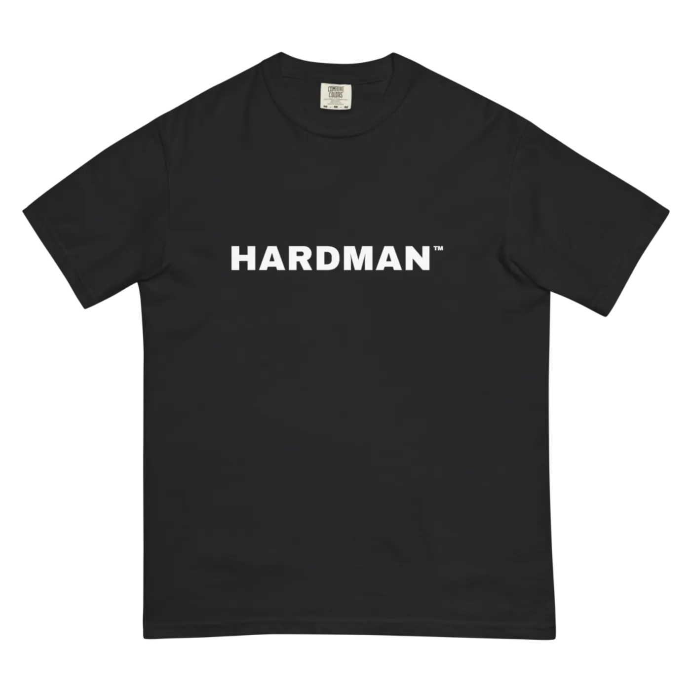 The black t-shirt laid flat, showing the relaxed cut through the body.