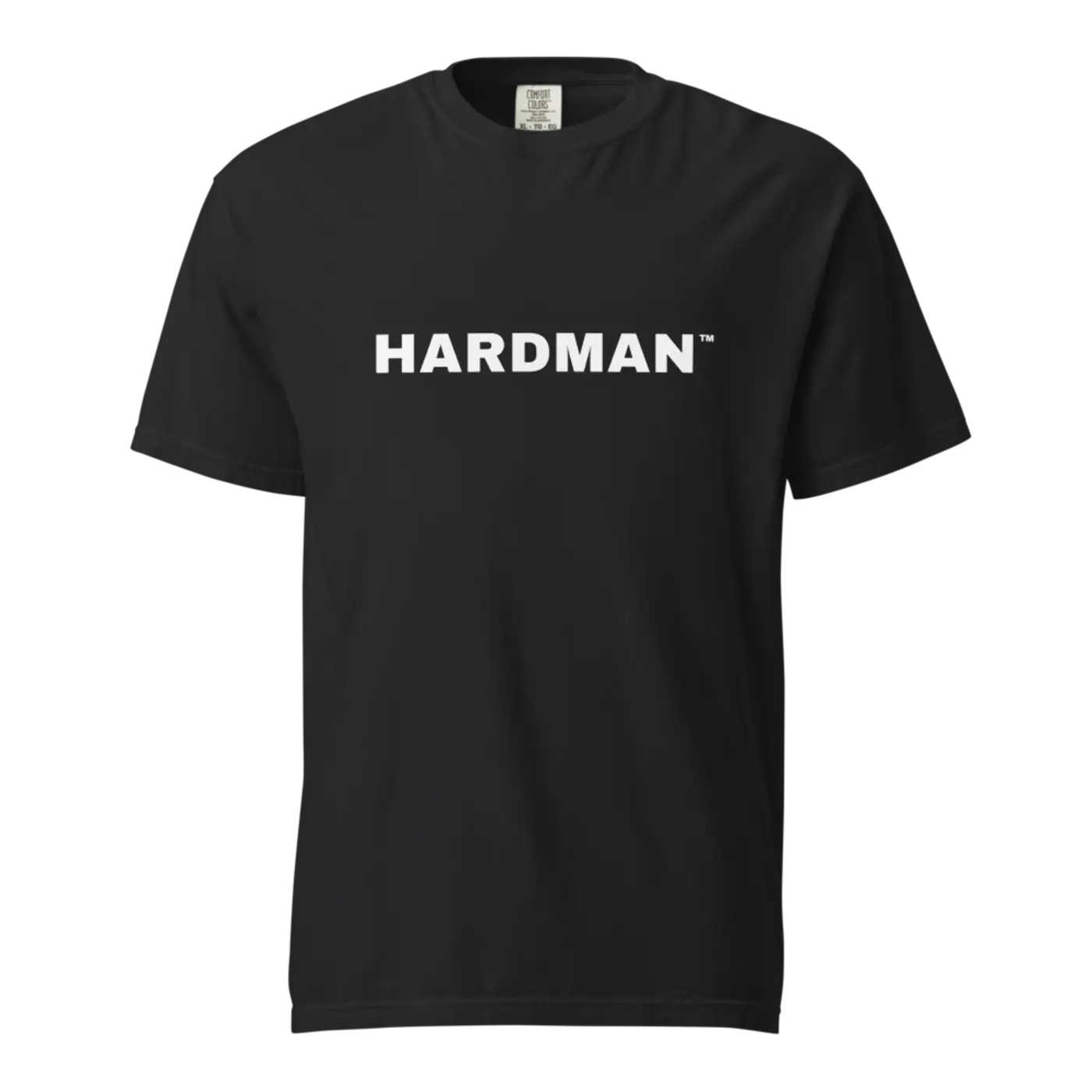 A black heavyweight t-shirt shown front on, HARDMAN printed across the chest in white.